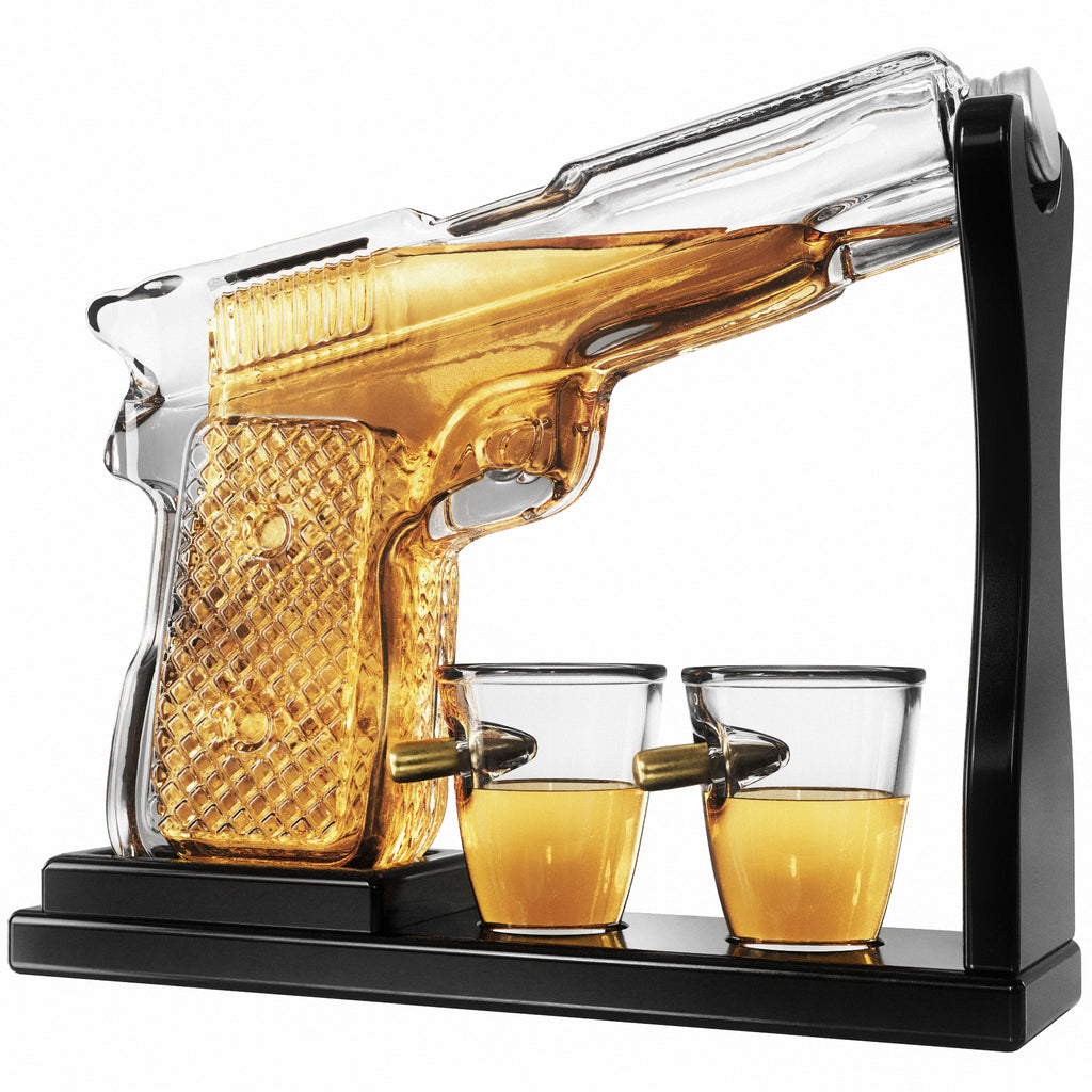 Pistol 2 Whiskey Decanters 300ml with 6 3oz Pistol Shot Glasses and Tr –  Proud Libertarian
