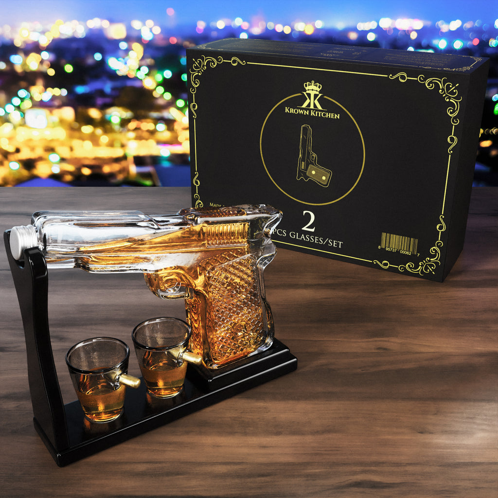 Pistol 2 Whiskey Decanters 300ml with 6 3oz Pistol Shot Glasses and Tr –  Poe and Company Limited
